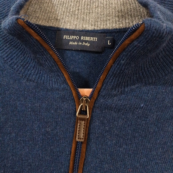 Filippo Riberti Dark Blue 1/4 Zip Long Sleeve Sweater Sz, L Wool Cashmere Blend - Picture 2 of 5